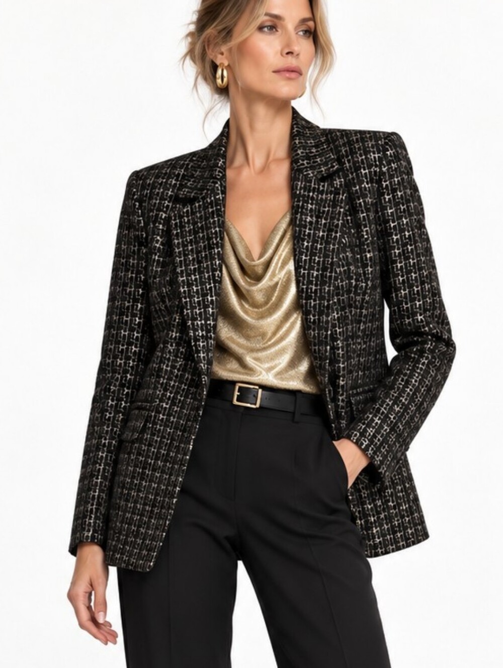 Chico's Brigitte Gold Metallic Black One Button Blazer